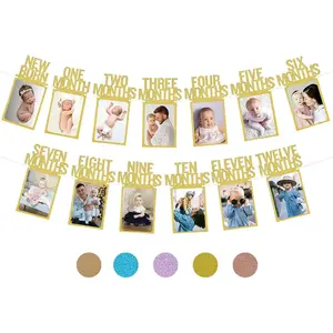 First Birthday Photo Banner, Gold, for Baby's Monthly Milestones from Newborn to 12 Months