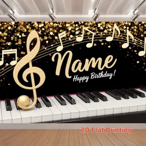Luxury Gold Piano Note Birthday Background Cloth, Shiny Sequins High Notes, Realistic Piano Keys, Music Lover Party Decor
