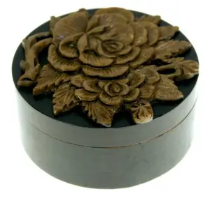Round Bas Relief Carved Rose Soapstone Trinket Decor Box - 2 colors