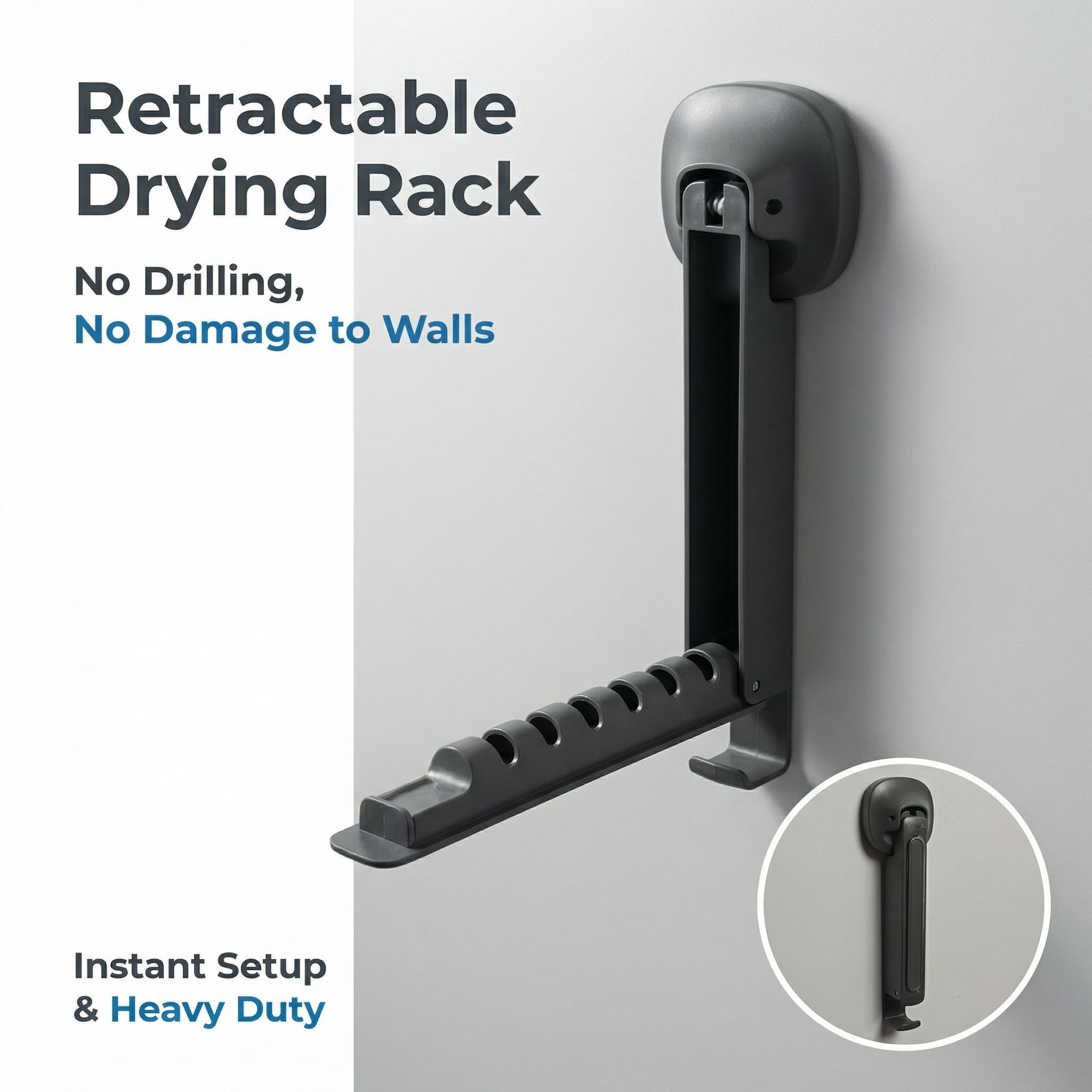 Retractable Suction Cup Clothes Drying Rack, No Drill Wall Mounted Laundry Hanger, Space Saving Foldable Clothes Holder for Laundry Room/Balcony