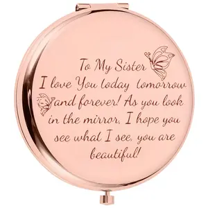 To My Sister Elegant Compact Mirror, Round Compact Mirror Bulk, Double-Sided 1X/2X Magnifying Purse Pocket Makeup Mirrors, Cute Small Pocket Mirror for Gift, Travel Essentials, Travel Hand Mirrors, Gifts for family and friends, Foldable Makeup Mirror