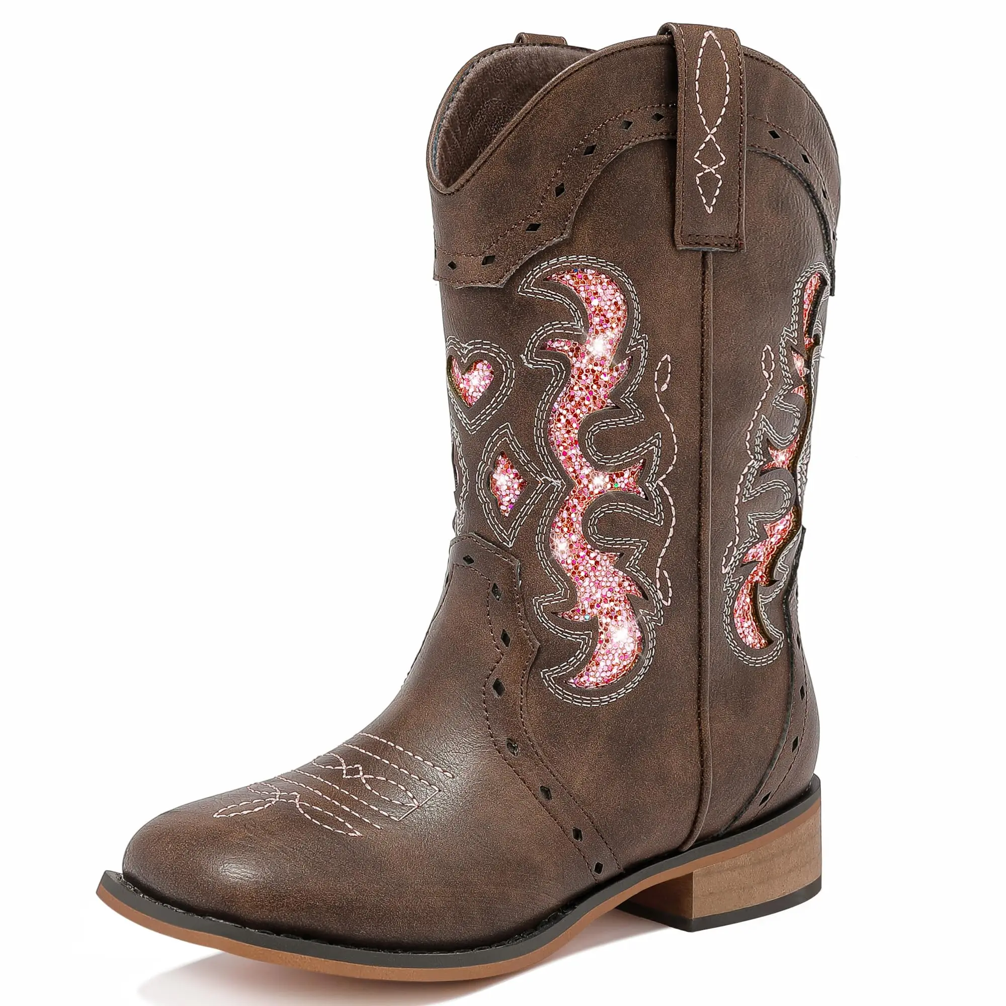 Girls' Western Cowgirl Boots with Glitter Embroidery, Mid-Calf Square Toe Design with a Chunky Heel and Side Zipper for Toddlers & Big Kids, Western Ootd, Synthetic, Cowboy Aesthetic