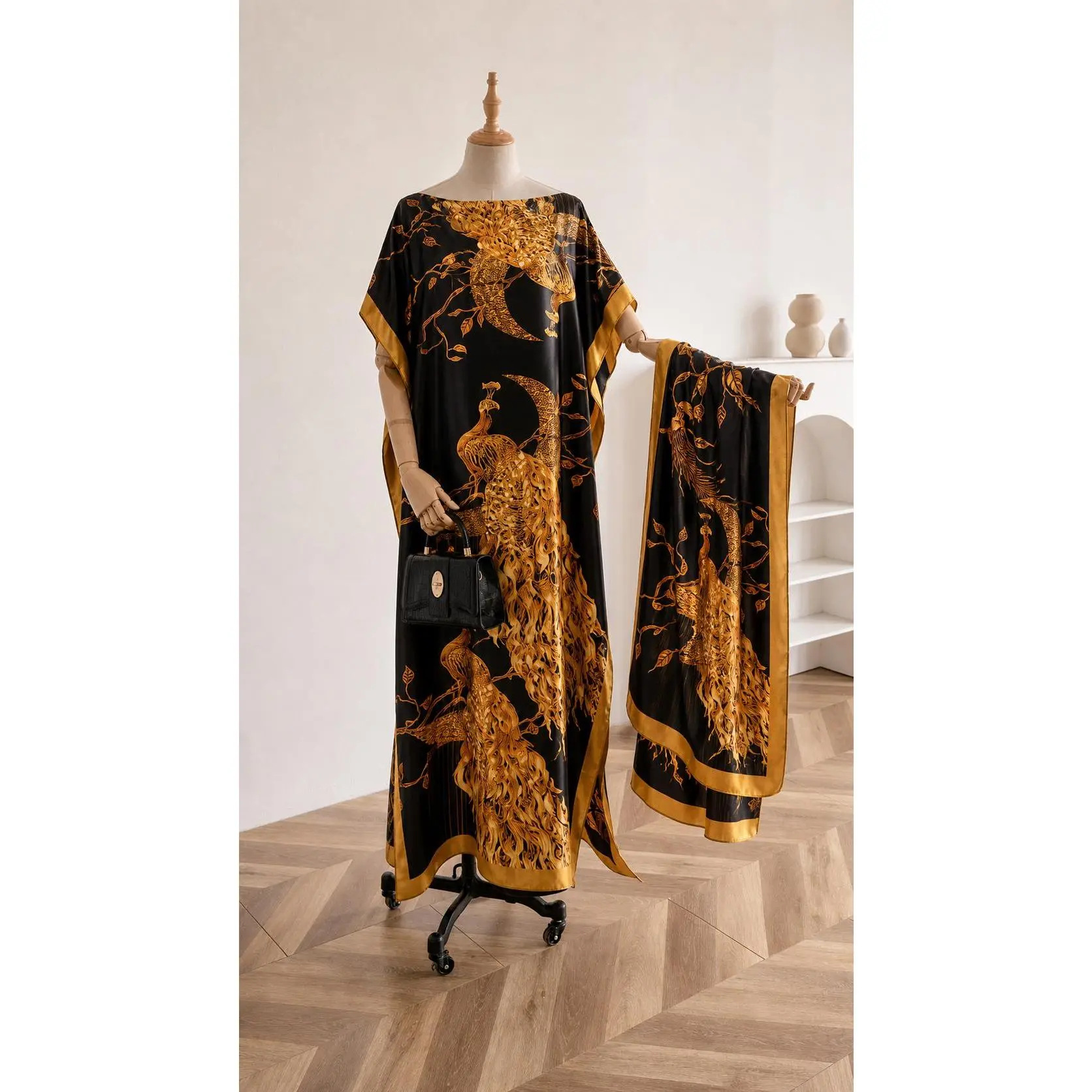 Women's Phoenix Print Caftan Dress with Matching Scarf, Elegant Loose Fit Moomoo Robe, Comfortable Casual Beach & Resort Cover Up, Drape, Beachwear