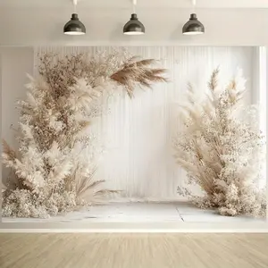2D graphic design, 1 piece bohemian beige pampas reed background wall with elegant white curtains and rustic wood floors - neutral tone photography background, suitable for weddings, birthday parties, baby receptions
