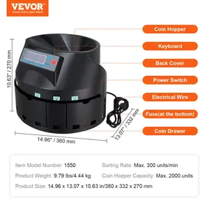VEVOR USD Coin Counter Coin Sorters with LCD Display, Coin Sorter Machine for USD Coin 1 5 10 25 1, Sorts up to 300 Coins/min, Change Counter Holds 2000 Coins Included 5 Coin Bins 5 Tubes