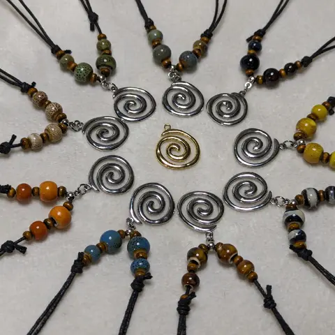 Ceramic Beaded Silver or Gold Spiral Swirl Charm Boho Hippie Whimsical Adjustable Black Rope Cord Choker Stacking Necklace