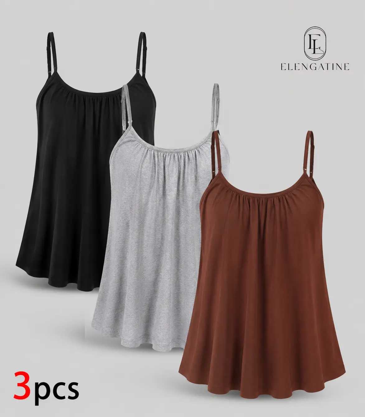 Women's Elengatine 3-Pack Minimalist Essential Camisole Tops - Thin Soft Fabric, Adjustable Spaghetti Straps, Ruched Scoop Neck, Loose A-Line Flowy Tanks for Jackets, Joggers