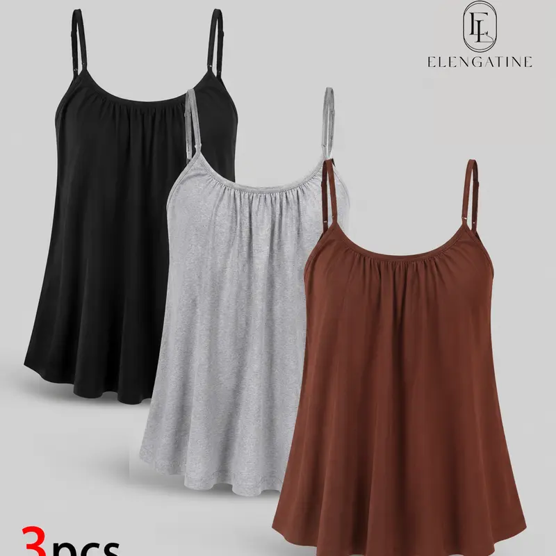 Women's 3-Pack Basic Knit Elastane Tank Camis - Lightweight, Breathable, Thin Soft Fabric, Adjustable Spaghetti Straps, Ruched Scoop Neck, Loose A-Line Flowy Fit, Low Iron & Machine Wash Care, Cute Sexy Casual Chic for Everyday Wear with Jeans