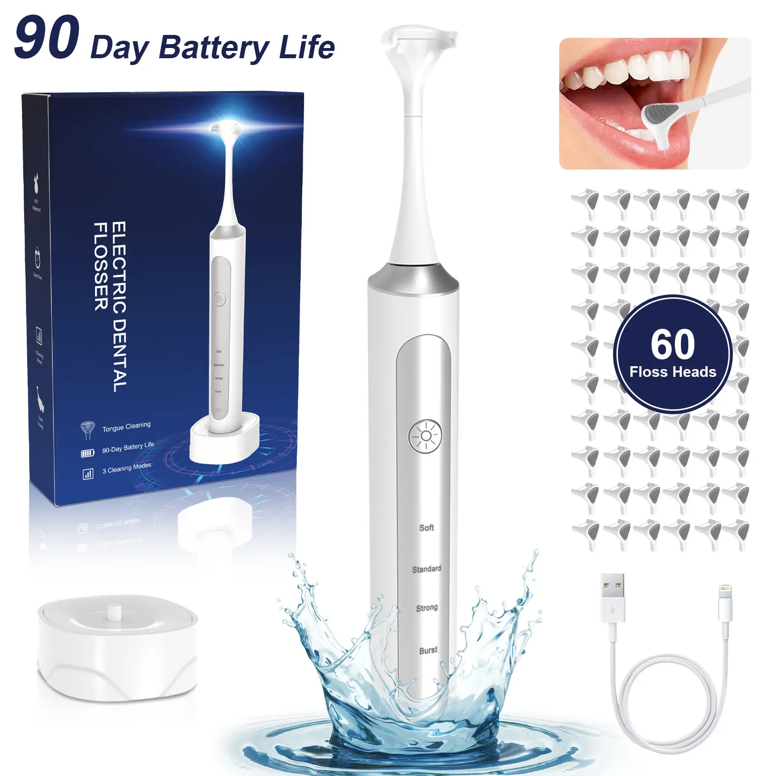 3-in-1 Electric Dental Flosser & Sonic Tooth Cleaner with Tongue Scraper for Oral Cleanse, USB Rechargeable Dental Care Kit with 4 Modes