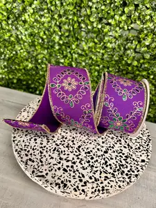 2.5 Inch By 10 Yard Mardi Gras Ornate Loop Diamond Ribbon