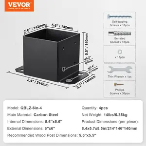 VEVOR 6x6 Post Base 4 Pcs, Inner Size 5.6x5.6 Post Base Brackets, Heavy Duty Powder-Coated Post Anchor Matte Black Wood Post Brackets for Pavilion Deck Railing Support Deck Base Plate