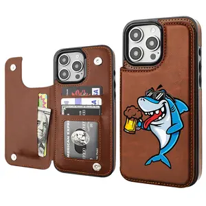 Shark Pattern Whale Spring Themed Fashion Luxury Beer Lover Trend Card Holder Wallet Aesthetic Brown Casing For iphone 16 15 14 13 12 PRO PLUS MAX PU Leather Stylish Gift Shockproof Protection Anti-Drop Protective Protector Phone Cases Shell Cover