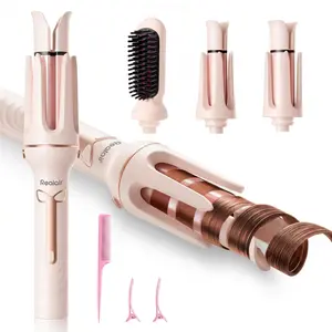 Auto Hair Curler, 3-in-1 Automatic Curling Iron & Brush Set, 1" & 1.25" Interchangeable Rotating Barrels, Anti-Scald & Anti-Tangle Wand for Hair Styling, Auto Shut-Off, Dual Voltage, Pink