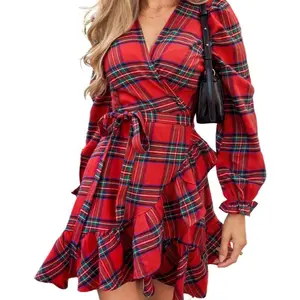Women's Cute Christmas Red Checkered Shirt Sleeve Ruffle Cuff Mini Dress - Casual Autumn and 2025 Back to School Style