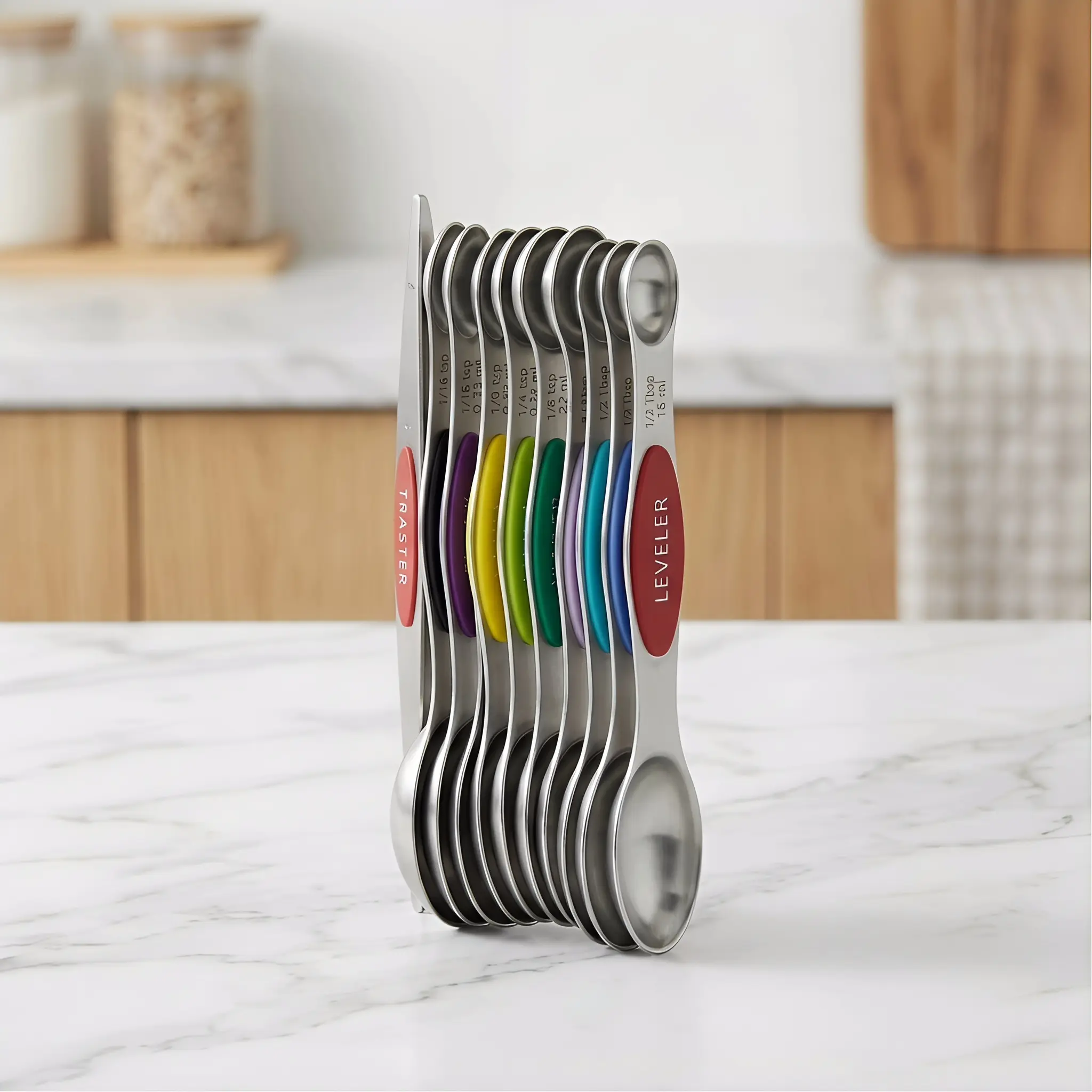 9-Piece Colorful Magnetic Stainless Steel Measuring Spoons Set - Stackable Double-Sided Food Measuring Tool with Leveler for Precise Baking Kitchen Gadget, Teaspoon Measuring Spoons
