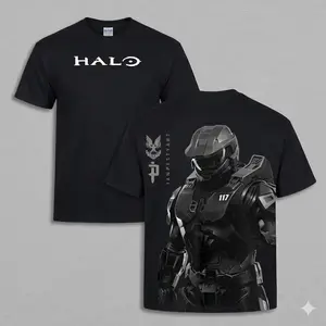 Halo Master Chief Spartan Gaming Graphic Gildan T-Shirt | Premium Heavyweight Soft Cotton Tee | Detailed Front and Back Artwork Print | Classic Gamer Apparel for Xbox Fans, Perfect Gift for Halo Players
