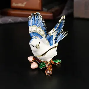 Vibrant Enamel Magpie Jewelry Box, Trendy Rhinestone Decorative Storage, Organize Necklaces & Vanity Clutter, Lucky Peach Blossom Style