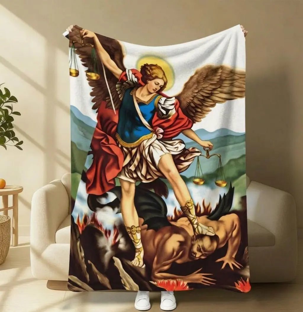 1pc Saint Michael Angel Anime Religious Blanket - Featuring a Battle Scene Print, Soft Flannel, Perfect for Bed, Sofa, Office, Or Travel, an Ideal Gift for Anime Lovers
