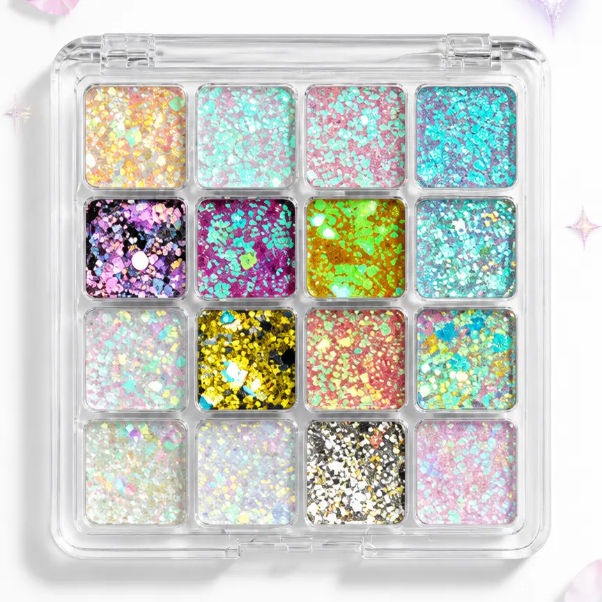 Holographic Glitter Eyeshadow Palette, Chunky Iridescent Body Glitter, Waterproof Long Lasting Sparkle Sequins for Festival Party Stage Face Eye Body Makeup