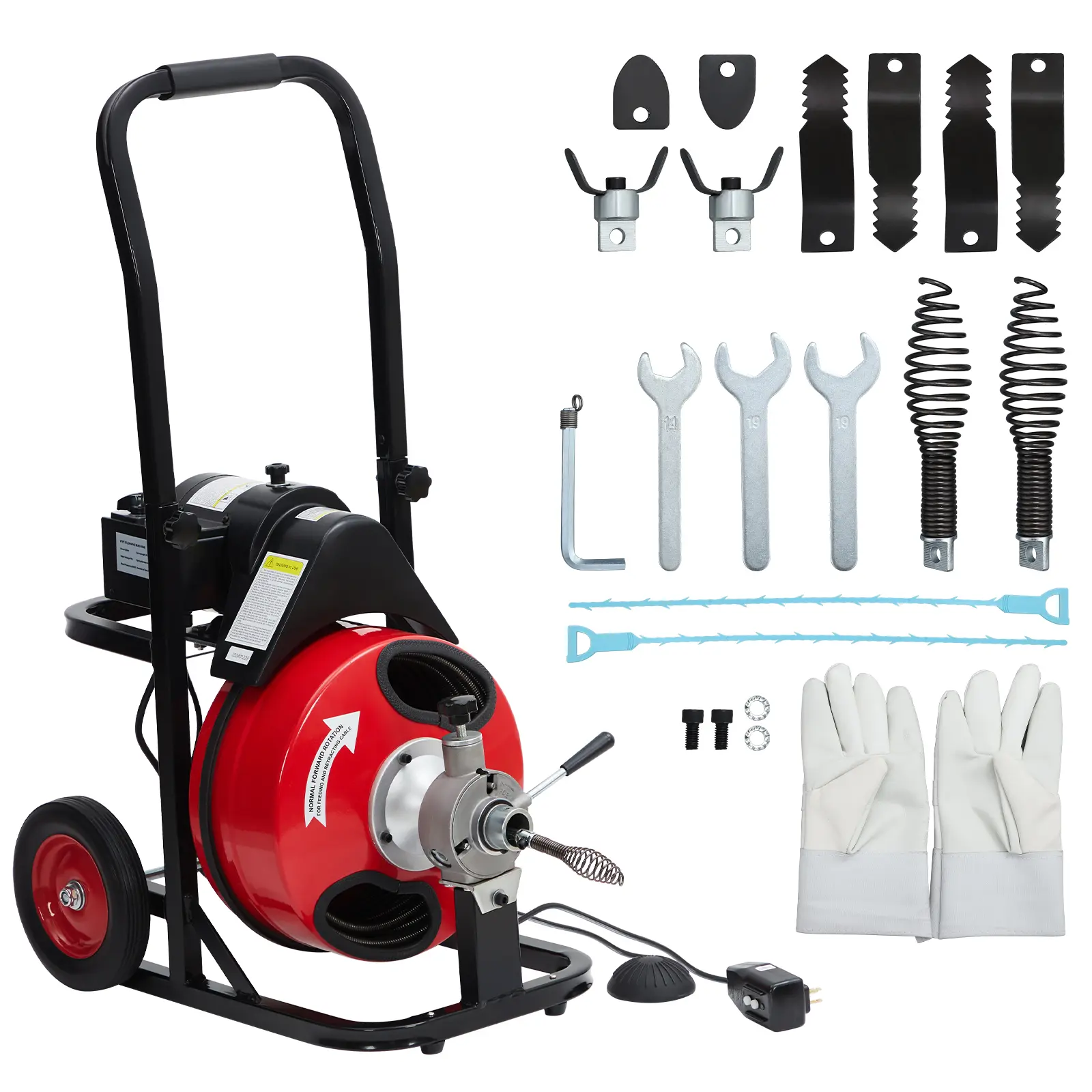 Professional Electric Drain Cleaning Machine - 100FT x 3/8" Auto-Feed Sewer Snake with 8 Cutter Heads, Air-Activated Foot Switch, 370W Motor for 1–4 Inch Pipes - Portable Hydraulic Pipe Cleaner
