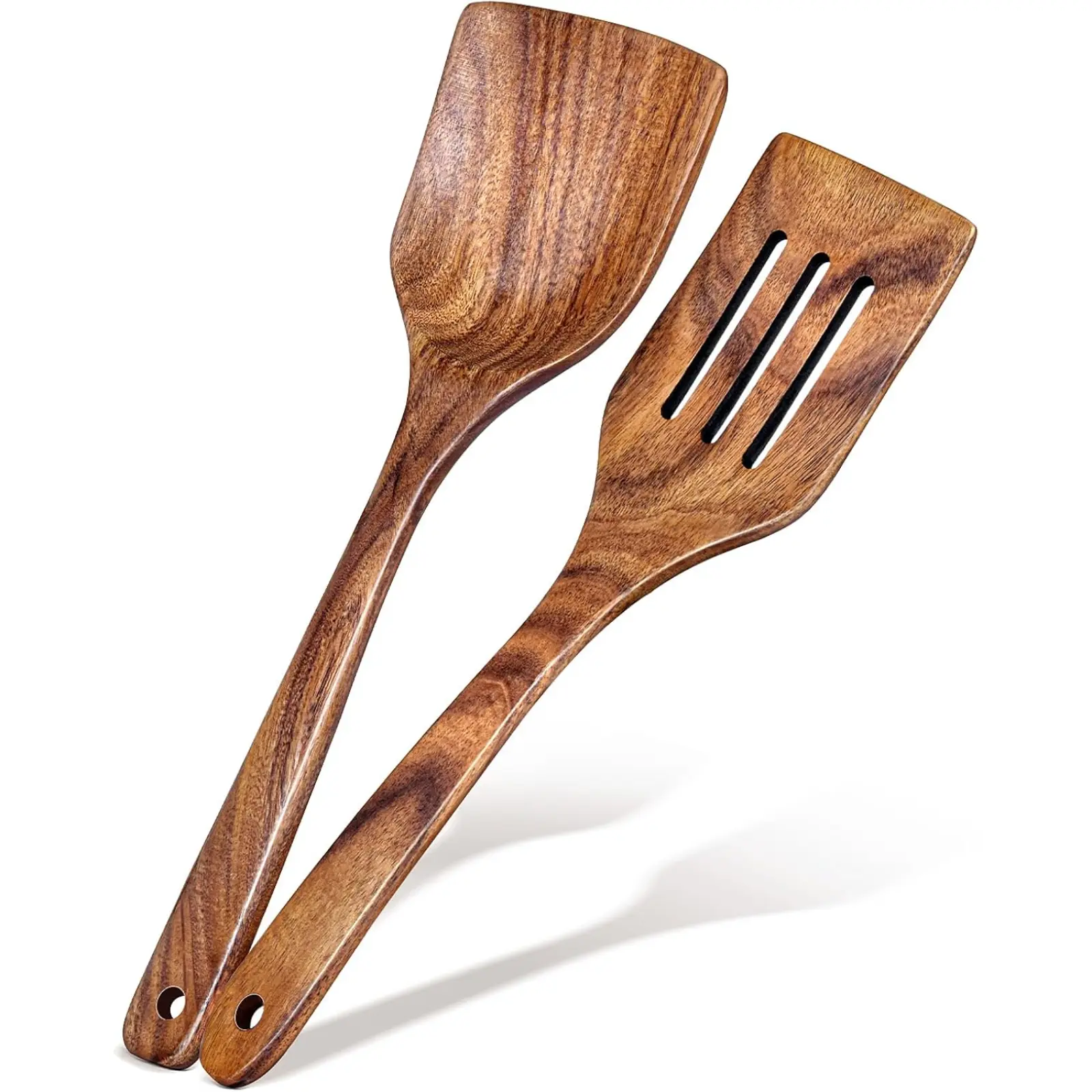 2Pcs Wooden Spatula, Acacia Solid & Slotted Turner Spatula Set, Long Handle Flat Frying Spatulas, Ideal Kitchen Gift for Mother and Grandma, Kitchen Utensils Set for Cooking, Frying, Baking