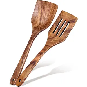 2Pcs Wooden Spatula, Acacia Solid & Slotted Turner Spatula Set, Long Handle Flat Frying Spatulas, Ideal Kitchen Gift for Mother and Grandma, Kitchen Utensils Set for Cooking, Frying, Baking