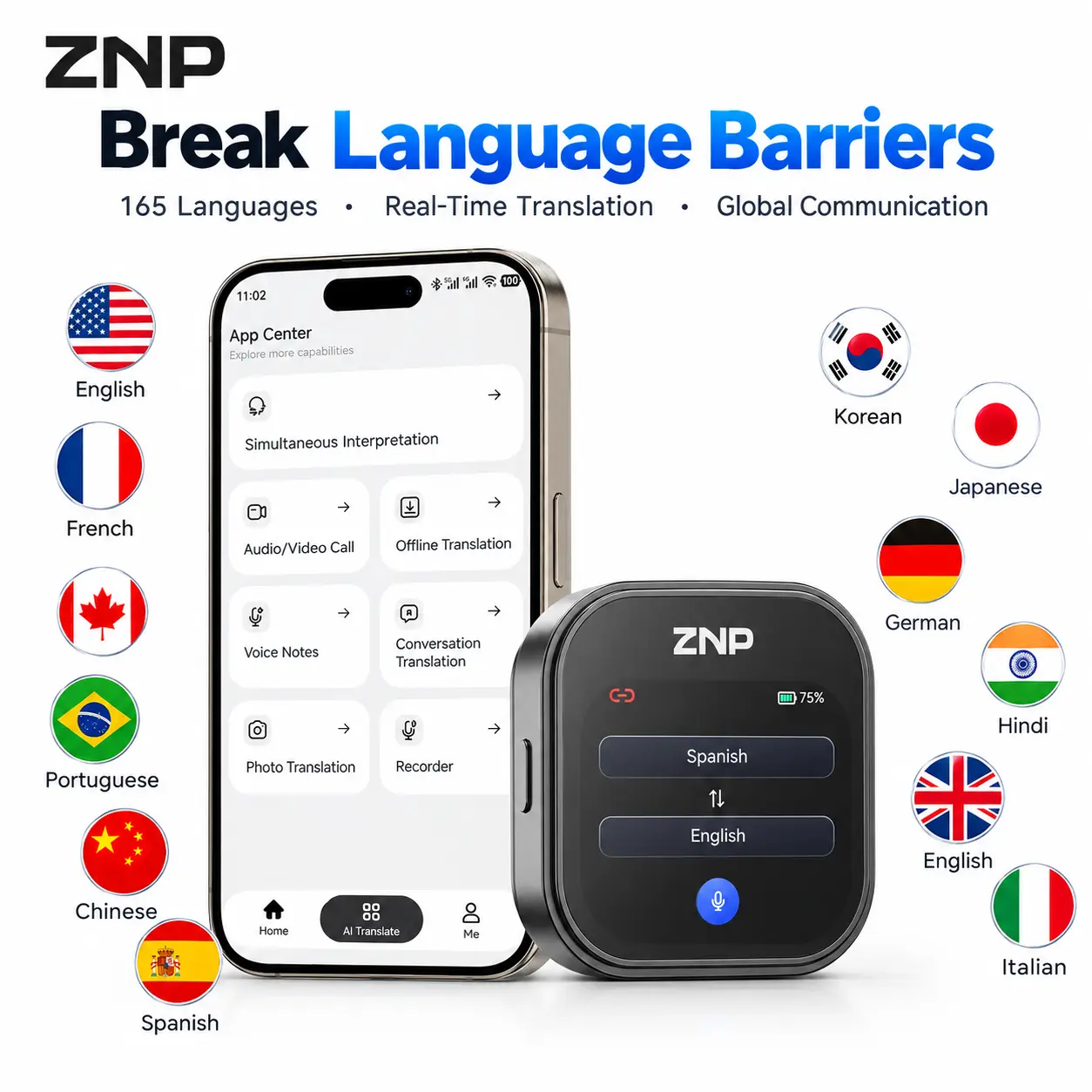 ZNP Z05 AI Intelligent Multilingual Translator 165 Languages Bidirectional Tool with AI Voice Clone with Screen & Lanyard & LED Screen for Travel,Lectures,Meetings & Interviews, Tech Gadge