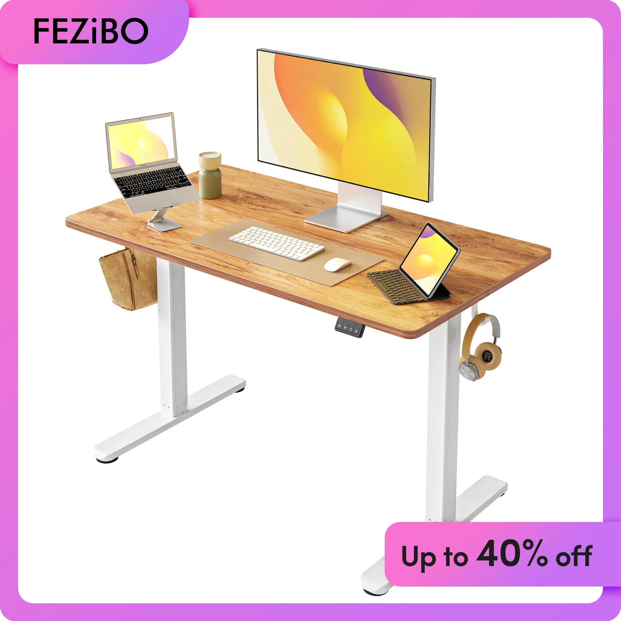 FEZIBO Summer Sale Height Adjustable Electric Standing Desk 48 x 24 Inches Sit Stand Home Office Desk with Splice Board Black Frame Rustic Brown Top E