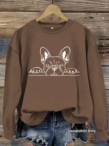 Women's French Bulldog Print Crew Neck Sweatshirt, Casual Long Sleeve Pullover for Daily Wear, Ladies Fall & Winter Clothes, Hoodie