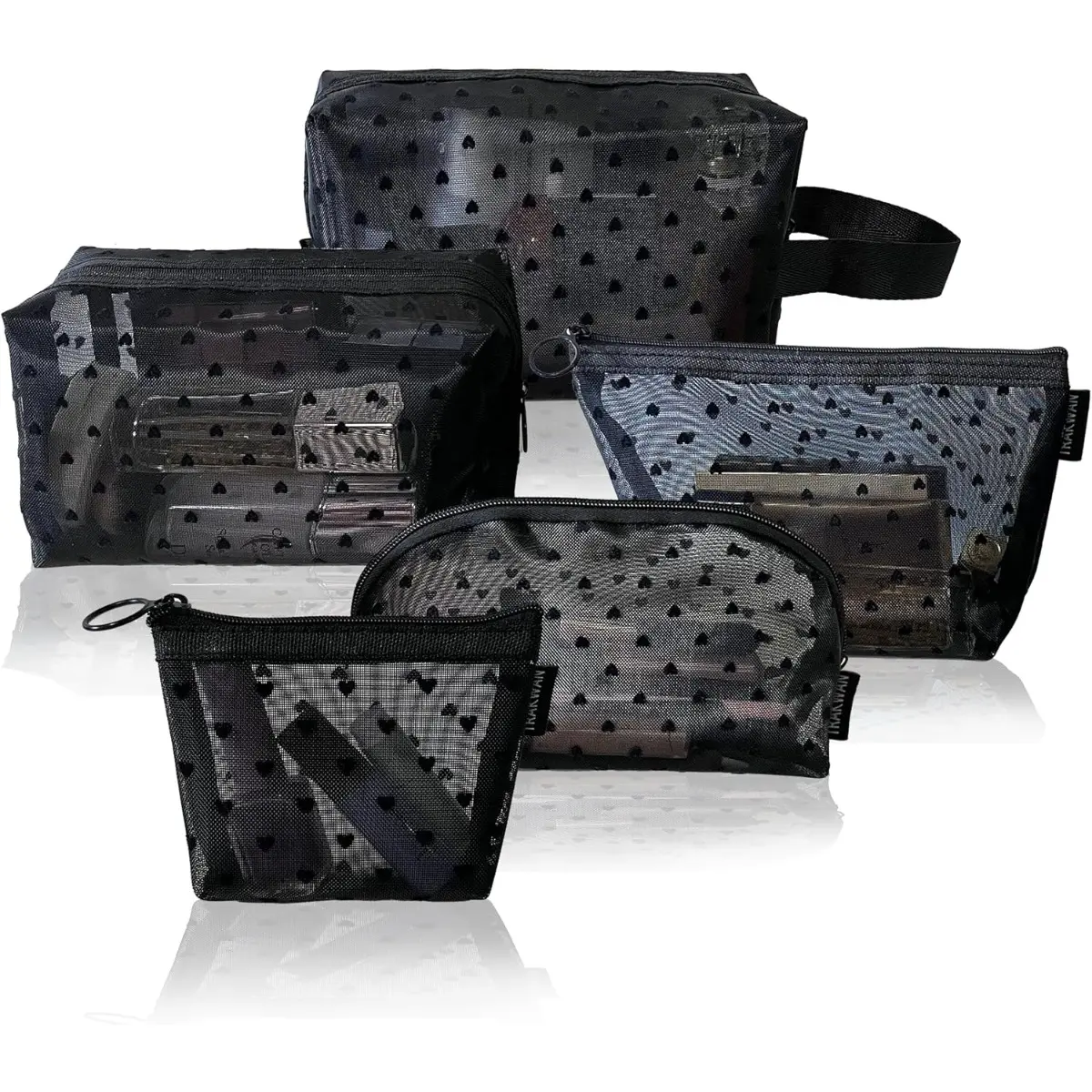 5-piece mesh makeup bag, plush heart-shaped zipper makeup bag, suitable for portable storage bags at home, office, and travel