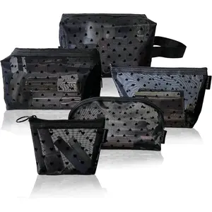 5-piece mesh makeup bag, plush heart-shaped zipper makeup bag, suitable for portable storage bags at home, office, and travel