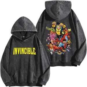 Vintage Invincible Mighty Universe Washed Hoodie – Invincible & Omni-Man Team Graphic Tee, Superhero Comic Streetwear Cotton Shirt, Unisex Oversized Top, Gift for Fan, Gift for Him