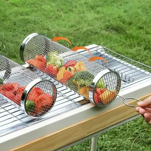 Stainless Steel BBQ Grill Basket with Hook, Camping Barbecue Accessories Tool Gift, Portable Travel Grilling Utensils