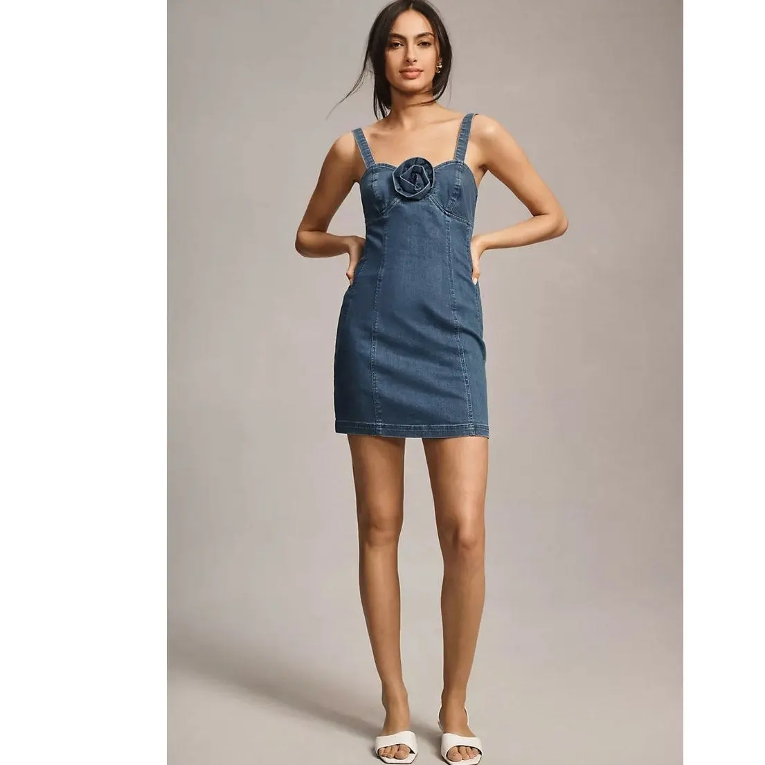 Anthropologie Porridge Rosette Denim Slim Mini Dress XXS Blue Stretchy