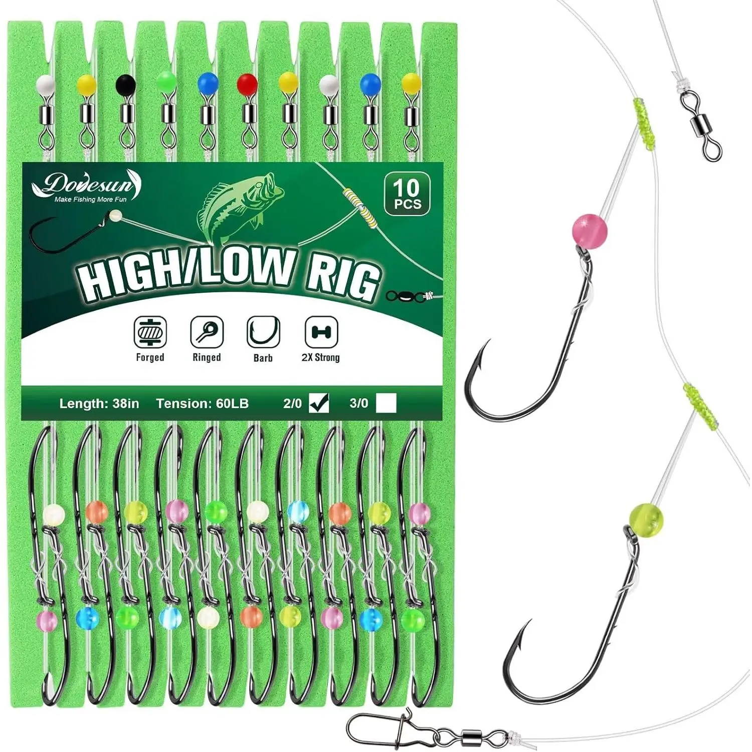 10PCS Carbon Steel Hi-Lo Fishing Rigs with 2/0-3/0 Hooks - 60lb Corrosion-Resistant T-Knot Pre-Tied Easy-to-Use Saltwater Bottom Surf Rigs, Gift for Surf Anglers, Great for Beginners