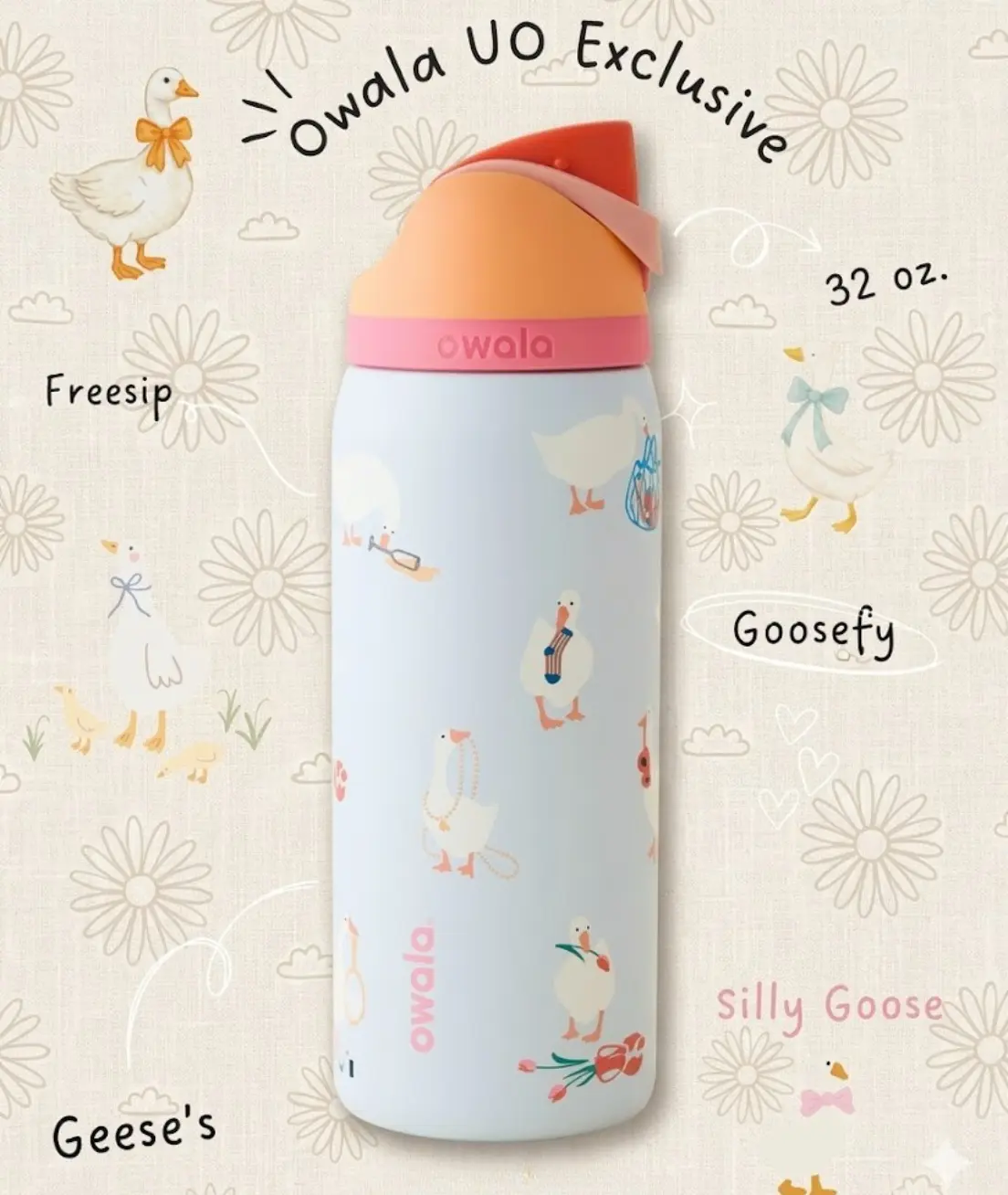 Owala Goosefy FreeSip Bottle – Adorable Goose Print 32 oz Tumbler
