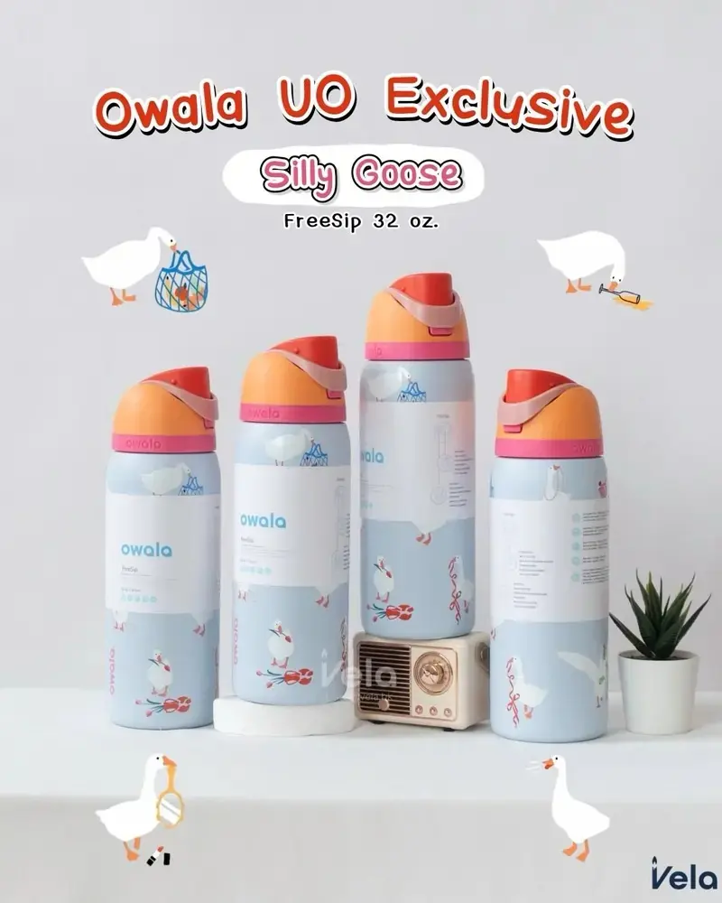 Owala x UO Exclusive Silly Goose FreeSip 32 oz Water Bottle – Cute Goose Print Blue Edition, Insulated Stainless Steel, Built-In Straw, Leak Resistant, Reusable Sports Travel Bottle, Fun Gift for Goose Lovers