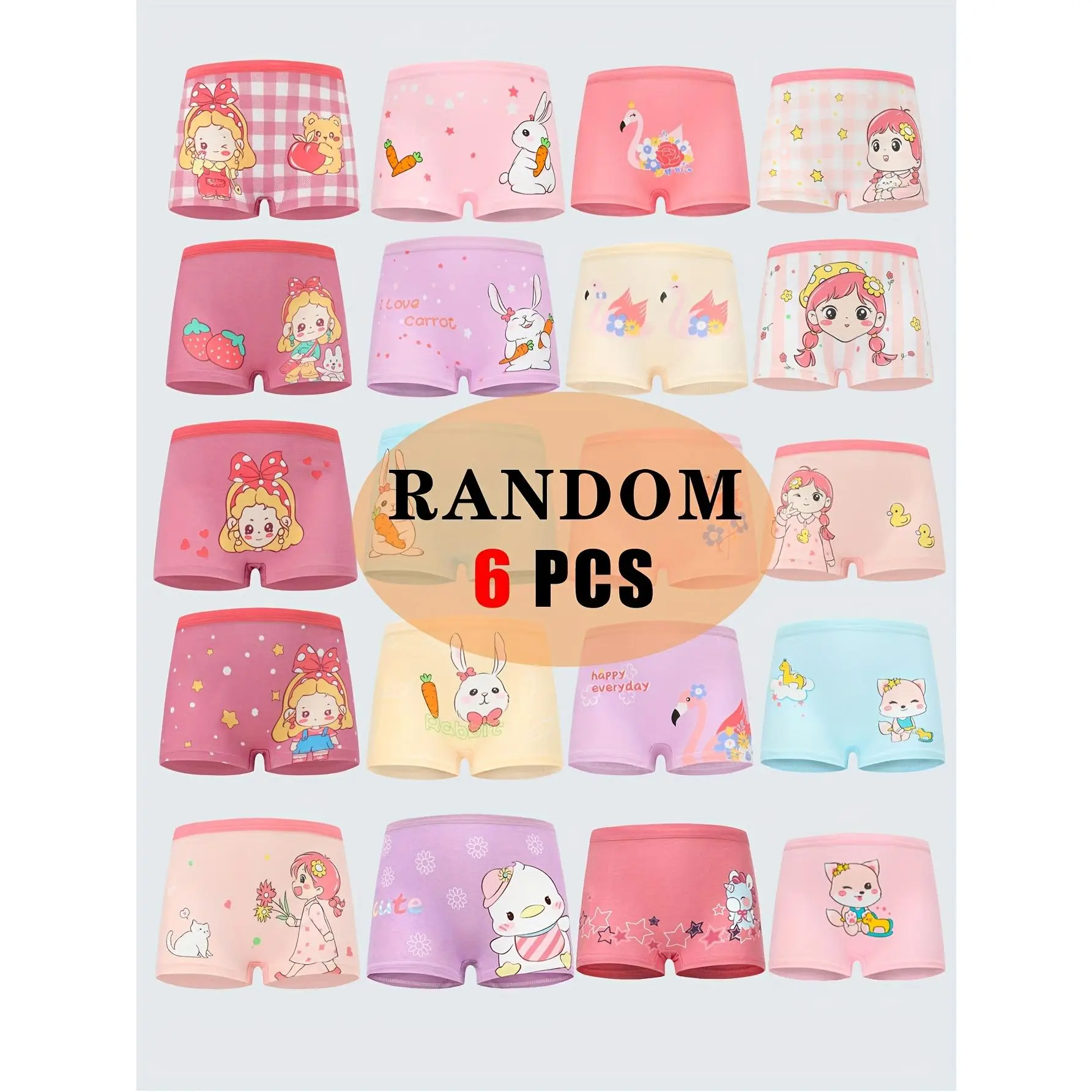 Random 6pcs/Pack Girls Boxer Panty Cartoon Pattern Soft Breathable Elastic Girls Shorts