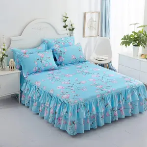 Flower Sky Blue Two Ruffle Bed Skirt Bedspread Sheet and Pillowcases Set, Queen