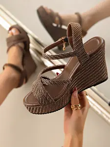 Summer Women's Maroon Braid Wedge Heel Sandals, Thick Sole Waterproof Platform, Casual Office Daily Slimming Height-Boosting Shoes