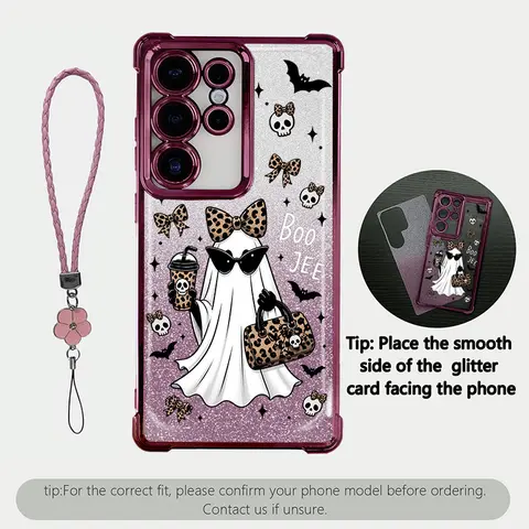 Boo Ghost Leopard Halloween Pattern Glitter Card Phone Case for Samsung Galaxy S26 Ultra S25 Ultra S24 S23 S22 A16 & iPhone 18 Pro Max 17 Air 16 Plus 15 14Glossy Electroplated Four Corner Airbag TPU Shockproof Cover with Lanyard.XS9527