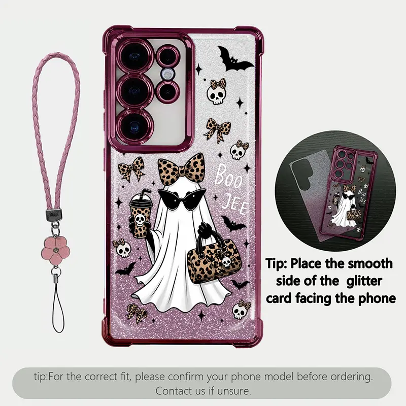 Boo Ghost Leopard Halloween Pattern Glitter Card Phone Case for Samsung Galaxy S26 Ultra S25 Ultra S24 S23 S22 S21 S20 A16 A36 A35 A54 Glossy Electroplated Four Corner Airbag TPU Shockproof Cover with Lanyard.XS9527