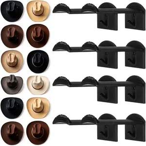 2.9 Inch Hat Hooks for Wall, 8 Pack Cowboy Hat Holder Wide Brimmed Hat Rack Organizer  Adhesive Cowboy Hat Hangers Storage Wall Mount for Cowboy, Sun Hats, Baseball Caps (Black)