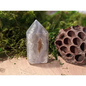 Blue Druzy Agate Tower Polished Point Natural Banded Brazilian Geode Gemstone Healing Crystal Mineral Specimen Quartz Drusy Cave Sparkly