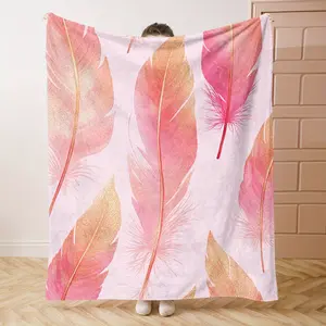 1PC Pink FeathersPrint Flannel Blanket Beautiful and Comfortable Warm Nap Blanket for Sofa, Bed, Office, Car, Camping Travel Blanket, Home Decoration - Four Seasons Gift
