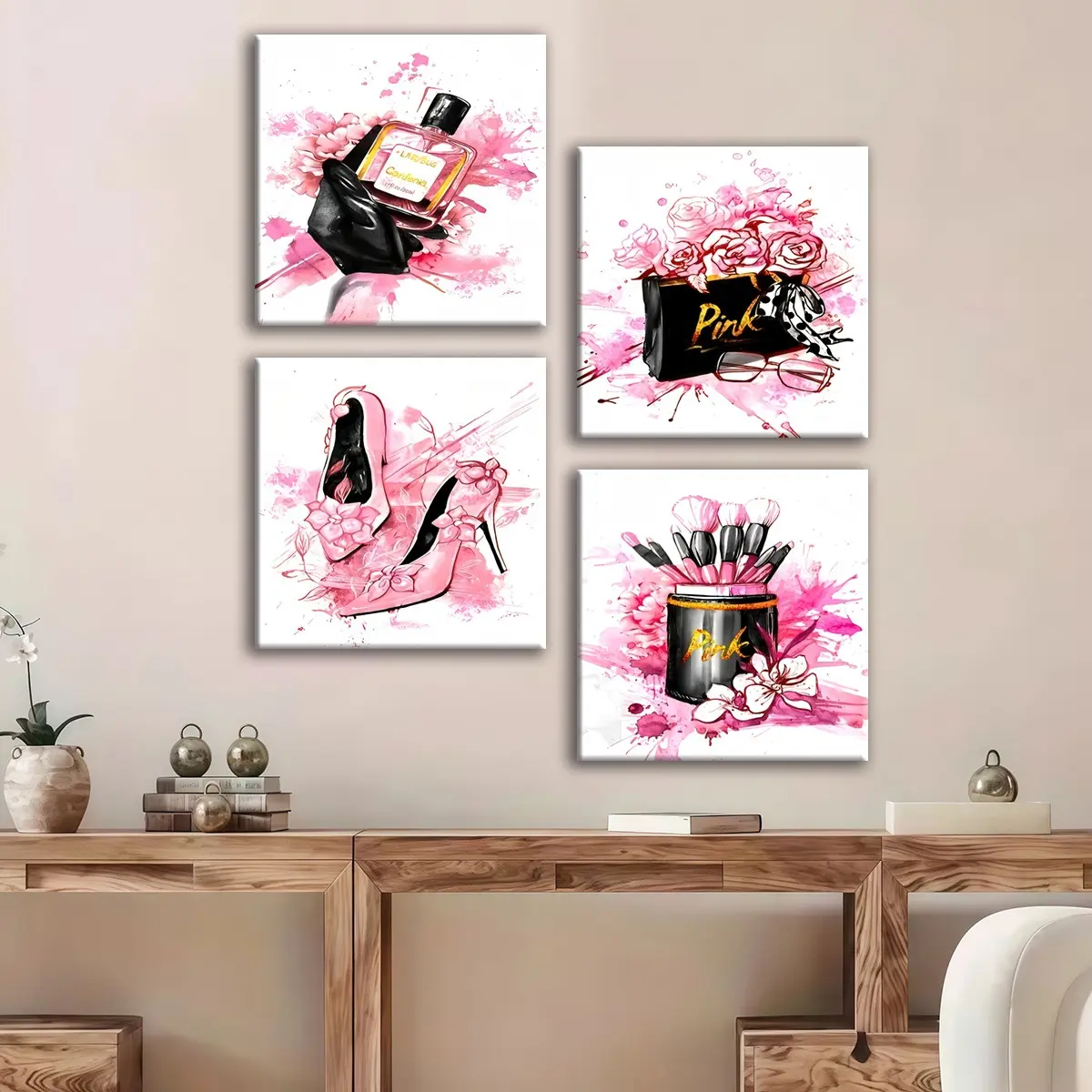4-count wooden frame canvas, pink beauty and fashion posters, Modern Abstract Design, girlish light luxury beauty decorations, exquisite office and bedroom decorations, Modern Home Decor, fashionable family posters, corridor wall paintings, waterproof art
