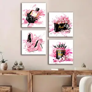 4-count wooden frame canvas, pink beauty and fashion posters, Modern Abstract Design, girlish light luxury beauty decorations, exquisite office and bedroom decorations, Modern Home Decor, fashionable family posters, corridor wall paintings, waterproof art