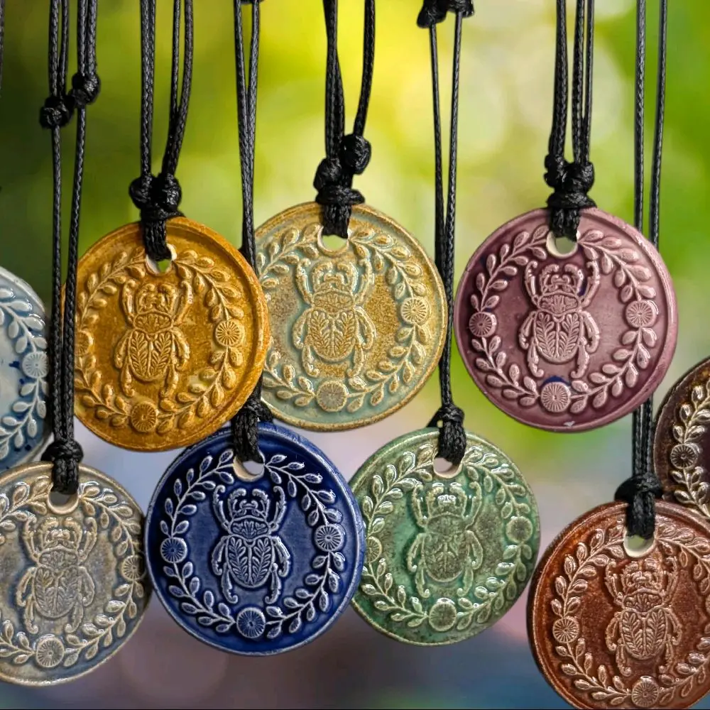 Floral Beetle Scarab Bug Insect Cottagecore Ceramic Wax Seal Pendant Hippie Whimsical Choker Adjustable Cord Necklace Clay Charms Celestial