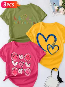 Women's 3-Pack Casual Short Sleeve Crew Neck T-Shirt, Heart ECG & German Slogan Print, Multiple Colors, Machine Washable, Spring & Summer Top, Soft Skin-Friendly Fabric, Daily Wear, Fashion Design, Womenswear