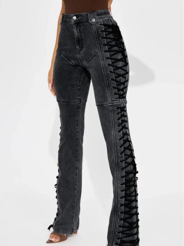 Women’s Lace-Up Flare Pants – High Waist Vintage Stretchy Bell Bottom Jeans
